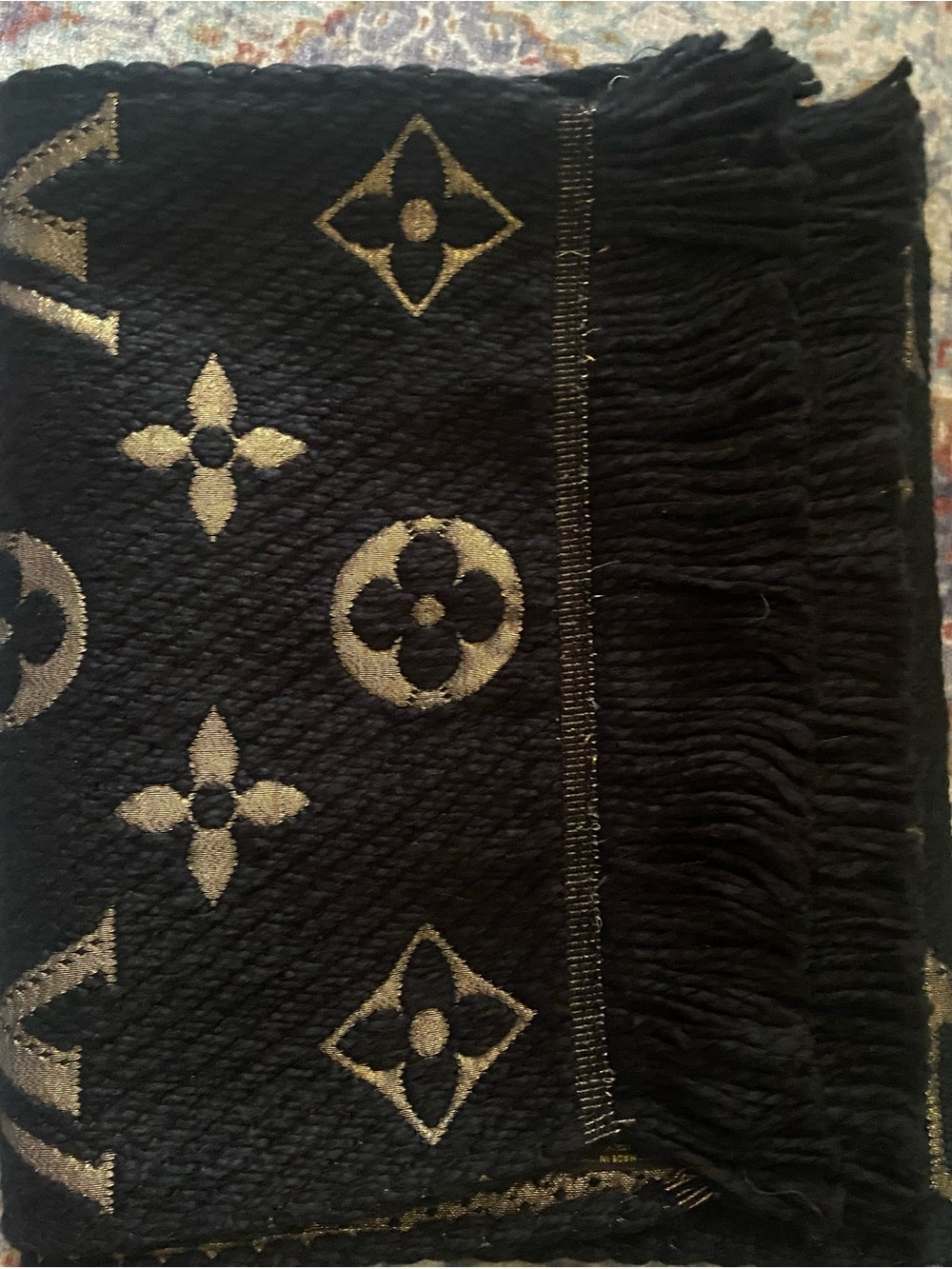 New Navy and Beige Monogram Wool Scarf - Picture 10 of 10